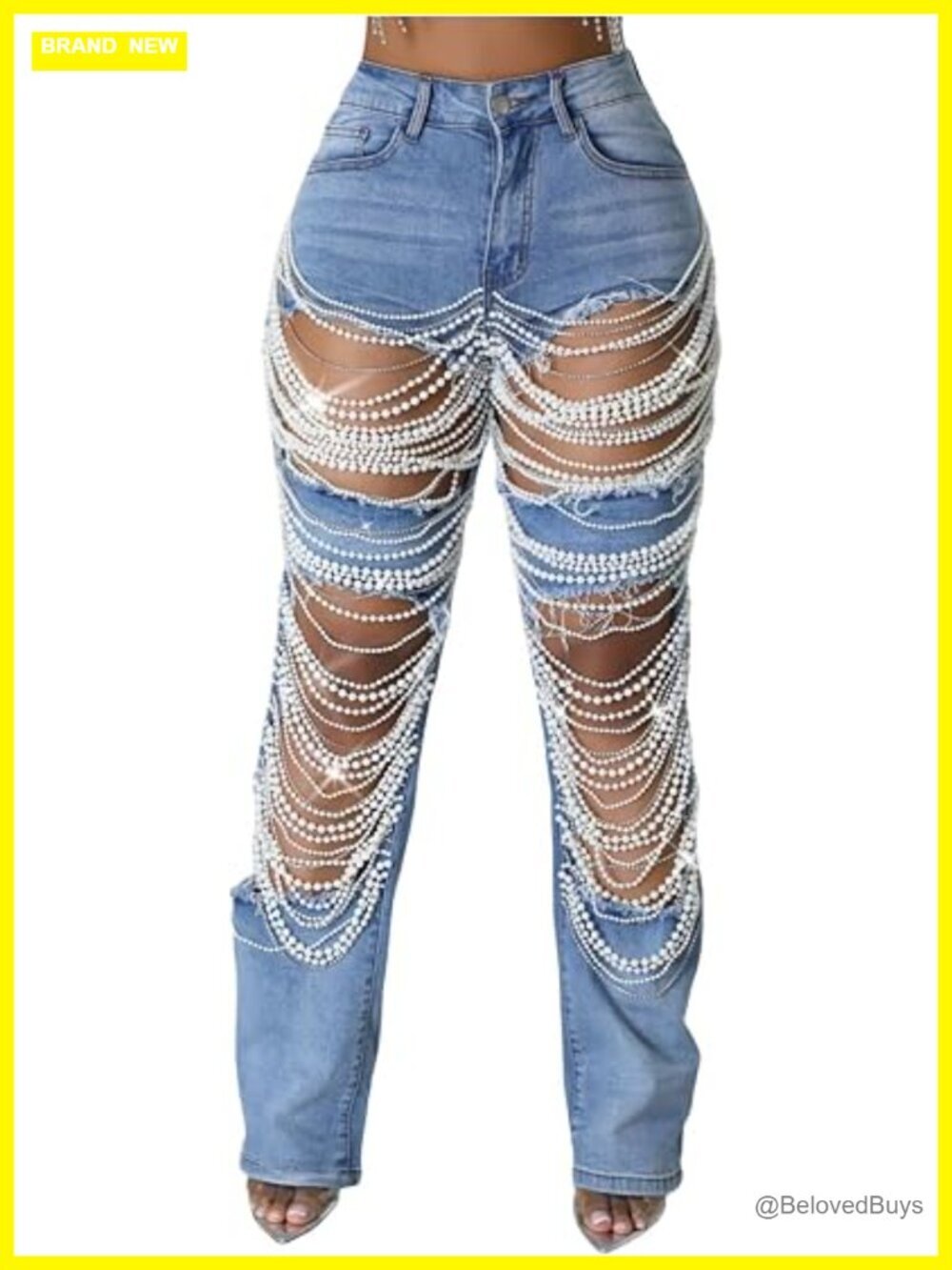 High Waisted Pearl Chain Rhinestones Ripped Baggy Jeans Y2K Party Denim